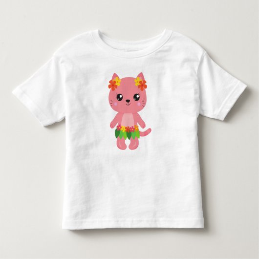 ハワイ猫，かわいい猫，ピンク猫，花，ルアウ（ハワイ式宴会） トドラーTシャツ (正面)