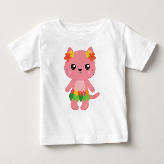 ハワイ猫，かわいい猫，ピンク猫，花，ルアウ（ハワイ式宴会） ベビーTシャツ (正面)