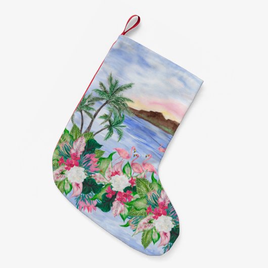 ハワイ絵画の水彩のシームレスパターン スモールクリスマスストッキング (正面 (吊り時))