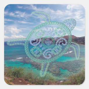 ハワイ諸島とオアフウミガメ スクエアシール