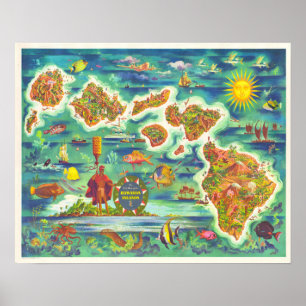 ハワイ諸島のおもしろいの地図 ポスター