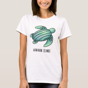 ハワイ諸島 ウミガメ 水彩 青 緑 Tシャツ