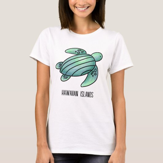 ハワイ諸島 ウミガメ 水彩 青 緑 Tシャツ (正面)