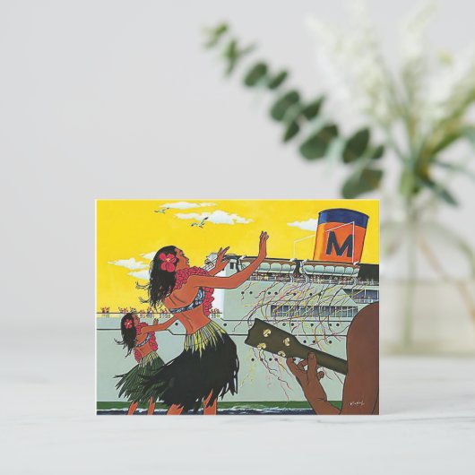 ハワイ踊りフラ女子ウェルカム観光客船 ポストカード (スタンド正面)