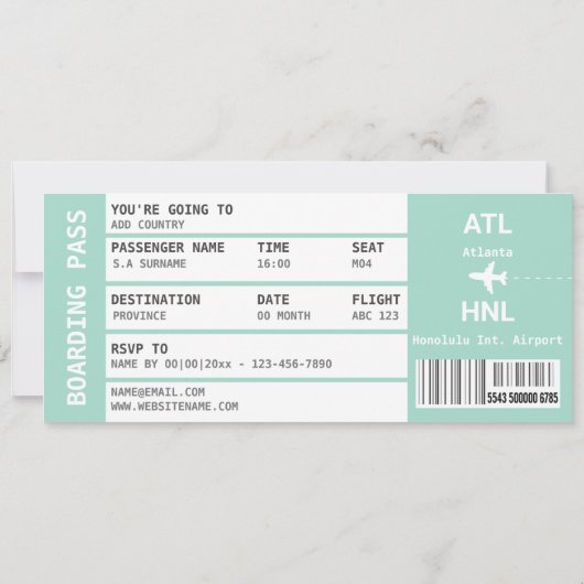 ハワイ飛行機の搭乗券の休暇の週末 招待状 (裏面)