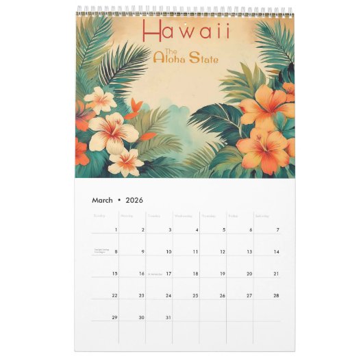 ハワイ2025カレンダーのヴィンテージ旅行ポスター カレンダー (3月 2026)