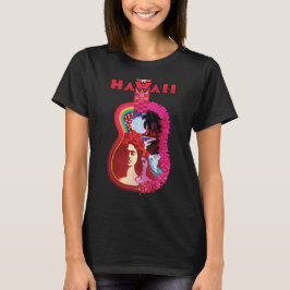 ハワイ ギター ハイビスカス ピンク レトロ トラベル Tシャツ