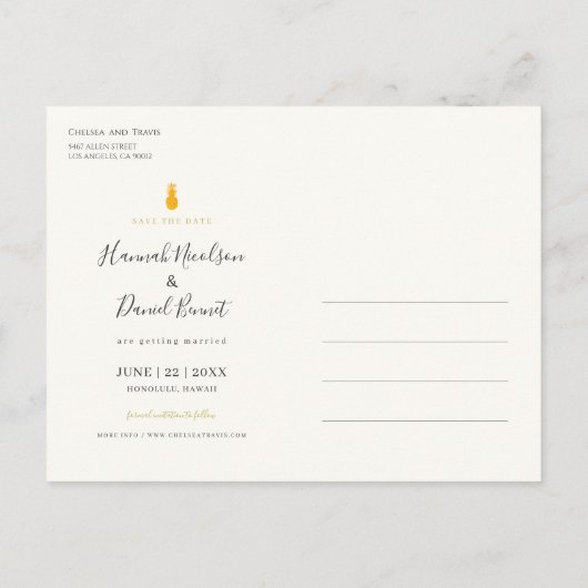 ハワイ・デスティネーション・ウェディングが日付を救うパイナップル 案内ポストカード (裏面)
