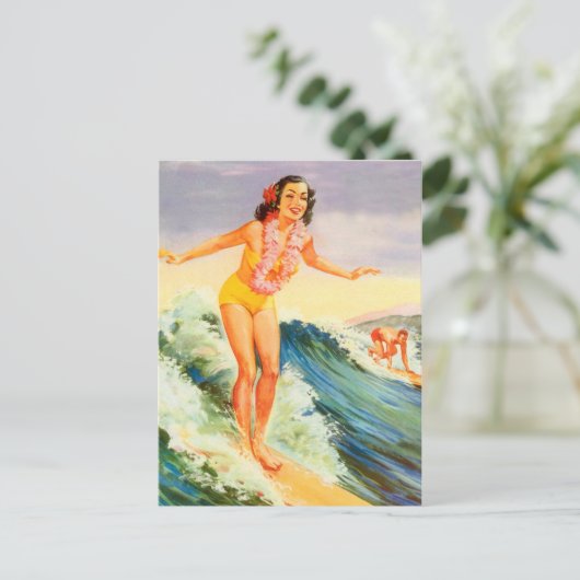 ハワイ、ハワイのサーファーの女の子の大きな波に、ヴィンテージ ポストカード (スタンド正面)