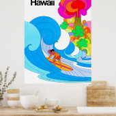 ハワイ,ビッグウェーブ上のサーフィン, 60年代イラストレーション ポスター (キッチン)