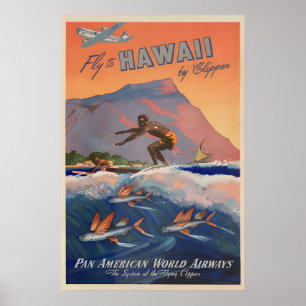ハワイ - ビンテージ パンアメリカン航空 旅客機ポスター ポスター