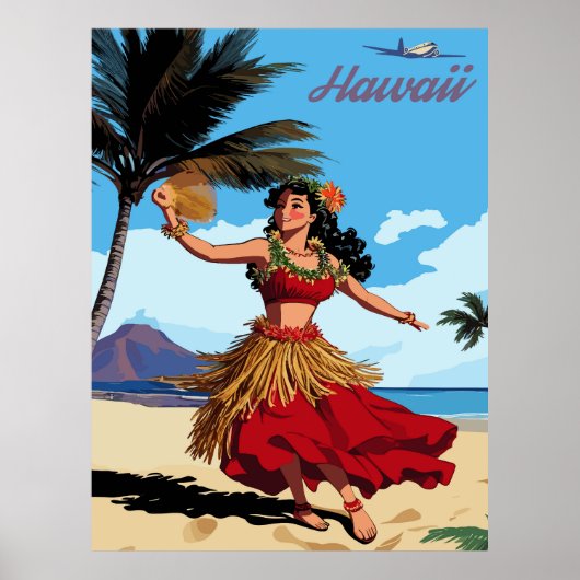 ハワイ、ビーチで踊るフラガール、旅行 ポスター (正面)