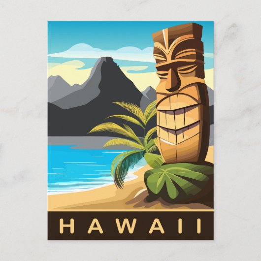 ハワイ、ビーチのティキ像、旅行 ポストカード (正面)
