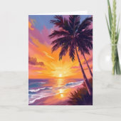 ハワイ ビーチ 日没 絵画 旅行 カード (正面)