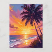 ハワイ ビーチ 日没 絵画 旅行 ポストカード (正面)