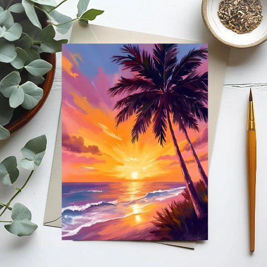 ハワイ ビーチ 日没 絵画 旅行 ポストカード