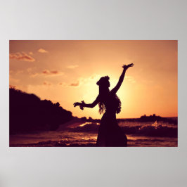 ハワイ、夕日の中のフラガールのシルエット、写真 ポスター