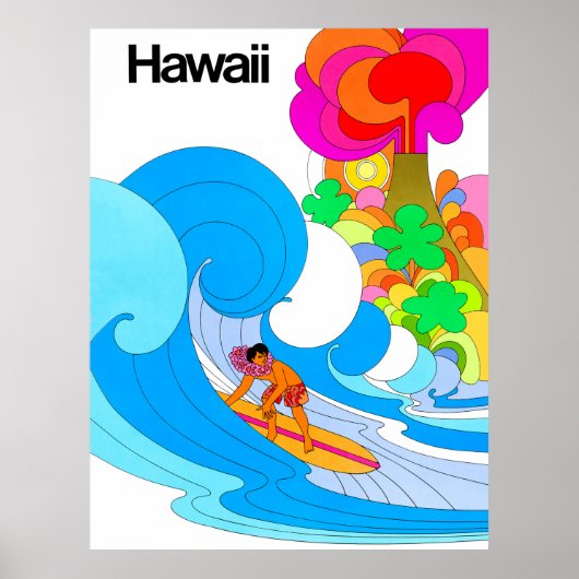 ハワイ、大きな波に乗るサーフィン、60年代のイラスト ポスター (正面)