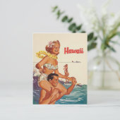 ハワイ,幸せなサーフィンカップル,ヴィンテージ旅行 ポストカード (スタンド正面)