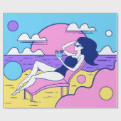 ハンでカクテルを使ってビーチにサンバテスをする女の子 ラッピングペーパー (フラット)