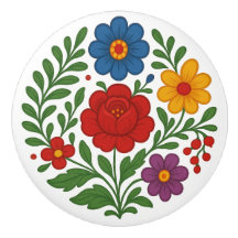 ハンガリーのカロチャの花の民芸調セラミックノブ