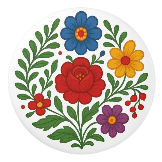 ハンガリーのカロチャの花の民芸調セラミックノブ セラミックノブ (正面)