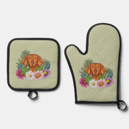 ハンガリーのビズラカラフルと夏の花が緑 鍋つかみ&鍋敷きセット