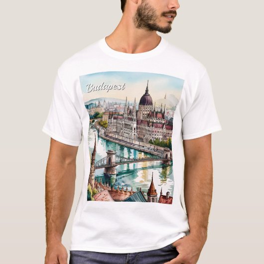 ハンガリーのブダペスト、ドナウ川のスカイラインと国会議事堂 Tシャツ (正面)