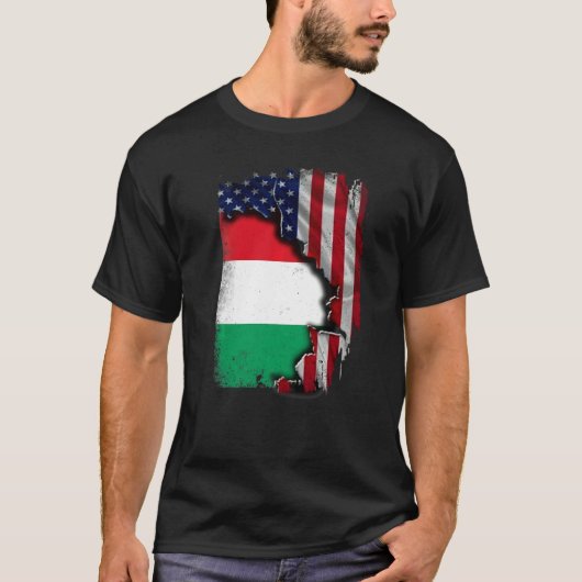 ハンガリーのルーツ ハーフアメリカ国旗 愛国ハンガリー Tシャツ (正面)