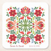 ハンガリーデザインレッドフラワーズスクエアコースター スクエアペーパーコースター (正面)