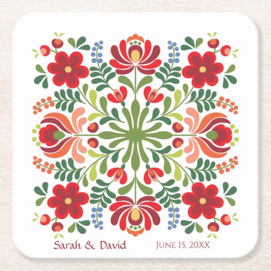 ハンガリーデザインレッドフラワーズスクエアコースター スクエアペーパーコースター (正面)