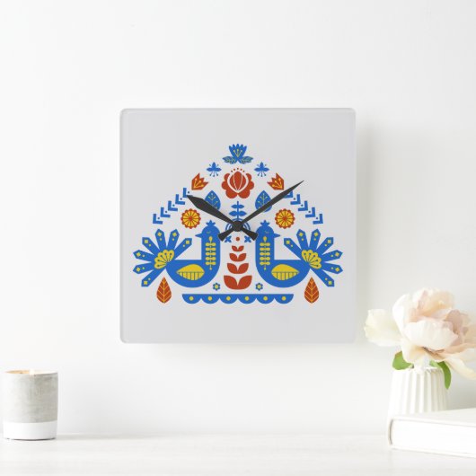 ハンガリーデンマークの孔雀フローラ民俗様式 スクエア壁時計 (ホーム)