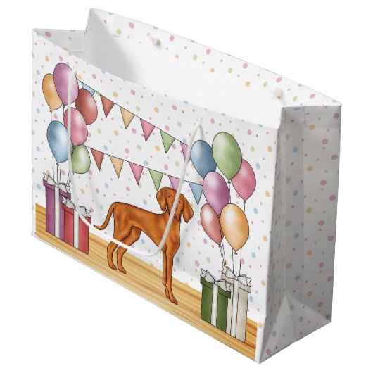 ハンガリービズラカートゥーンドッグカラフル誕生日 ラージペーパーバッグ (正面アングル)