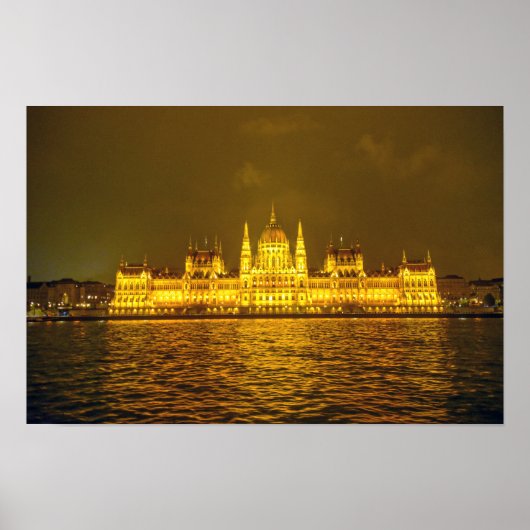 ハンガリー国会議事堂、ブダペスト、ハンガリーの夜景 ポスター (正面)