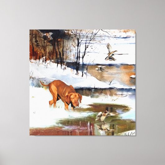 ハンガリー語Vizsla、冬の狩りアヒル キャンバスプリント (正面)