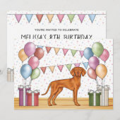 ハンガリー・ヴィスラ・キャラクター・ドッグのカラフルな誕生日 招待状 (正面/裏面)