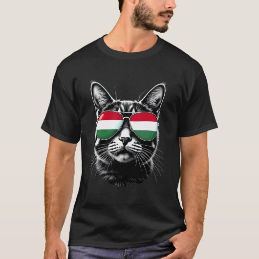 ハンガリー 旗 ネコ 顔 サングラス ハンガリー旗 Tシャツ (正面)