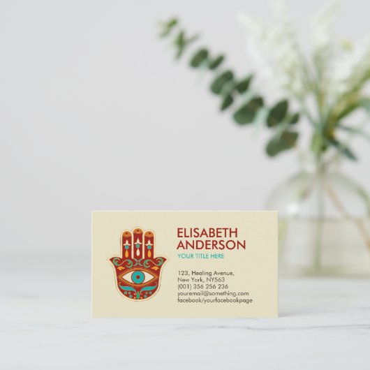 ハンサハンドオーナメント – 赤、オレンジ、シーグリーン 名刺 (スタンド正面)