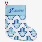 ハンサハンドユダヤ人スターブルーハヌカーストッキング ラージクリスマスストッキング (正面)