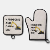 ハンサムと缶掘削機建築 おもしろい 鍋つかみ&鍋敷きセット (正面)