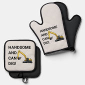 ハンサムと缶掘削機建築 おもしろい 鍋つかみ&鍋敷きセット (正面/裏面)