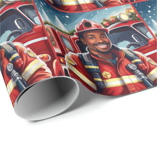 ハンサムなアフリカ系アメリカ人の消防士クリスマス ラッピングペーパー (ロールコーナー)