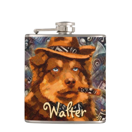 ハンサムなギャング犬と青い目パーソナライズされた フラスク (正面)