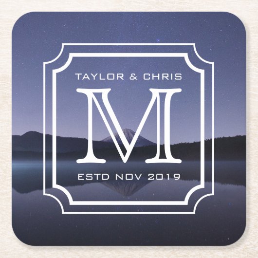 ハンサムなモノグラムの美しい景色の写真のシンプル スクエアペーパーコースター (正面)