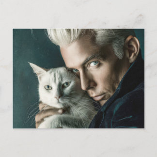 ハンサムな男性と猫のアートポストカード ポストカード