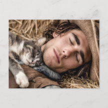 ハンサムな男性と猫のアートポストカード