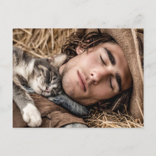 ハンサムな男性と猫のアートポストカード ポストカード (正面)
