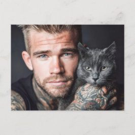 ハンサムな男性と猫のアートポストカード ポストカード