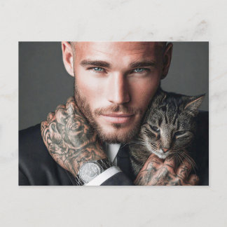 ハンサムな男性と猫のアートポストカード ポストカード
