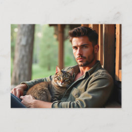 ハンサムな男性と猫のアートポストカード ポストカード
